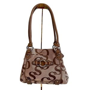 Sophia Caperelli Womens Tan Magnetic Leather Signature Canvas Shoulder Handbag